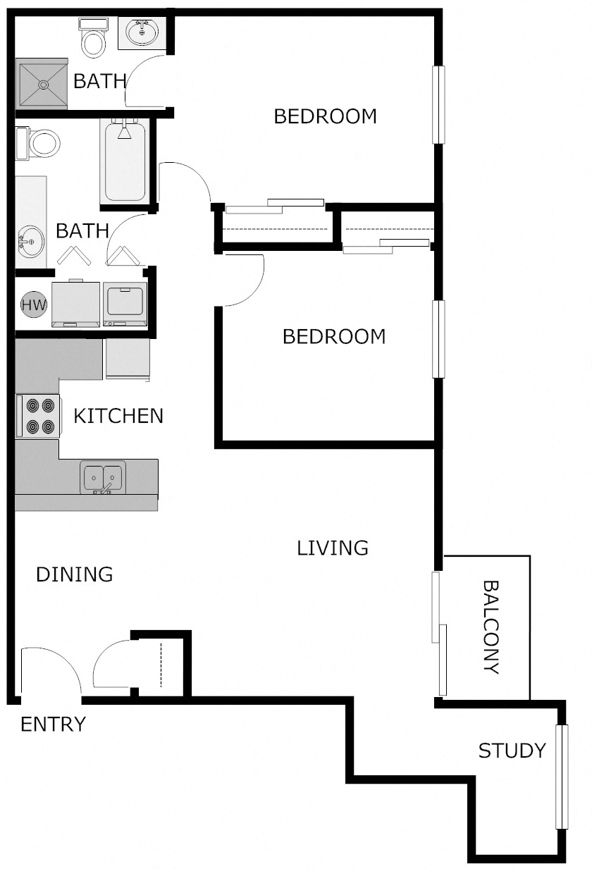 Floor plan for 2 beds, 2 baths, 1050 sqft